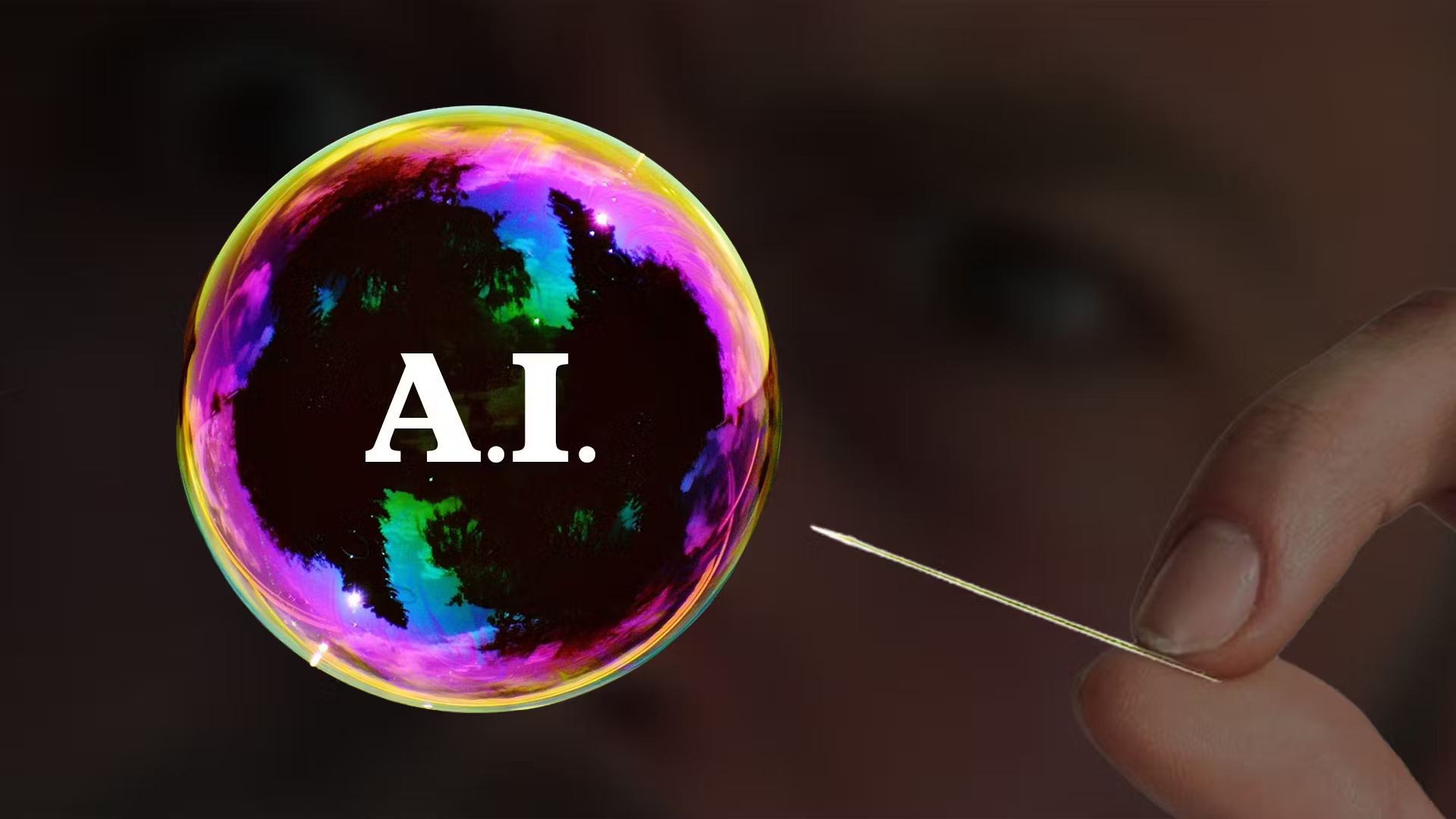 A colorful soap bubble with A.I. text inside, representing the fragility of the artificial intelligence investment bubble